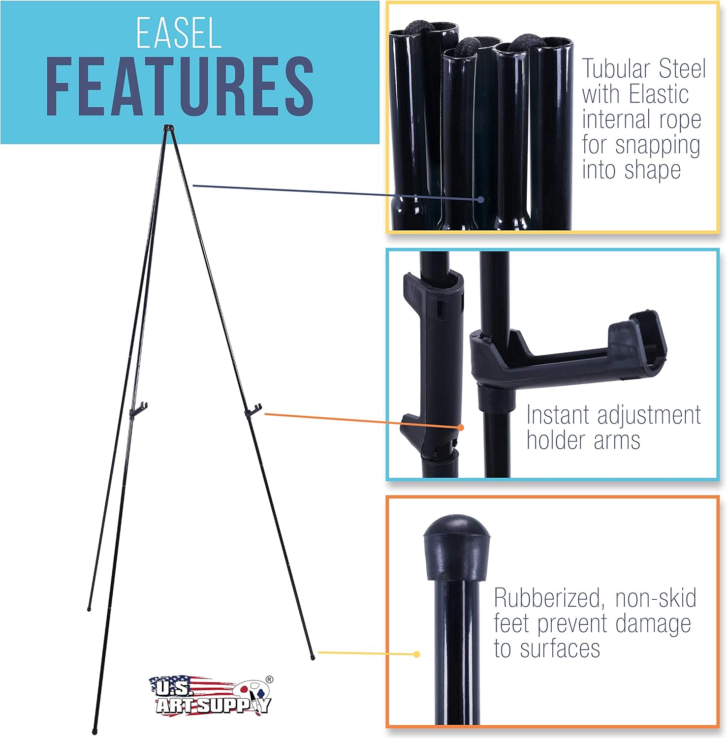 U.S. Art Supply 63" High Steel Easy Folding Display Easel - Quick Set-Up, Instantly Collapses, Adjustable Height Display Holders - Portable Tripod Stand, Presentations, Signs, Posters, Holds 5 lbs