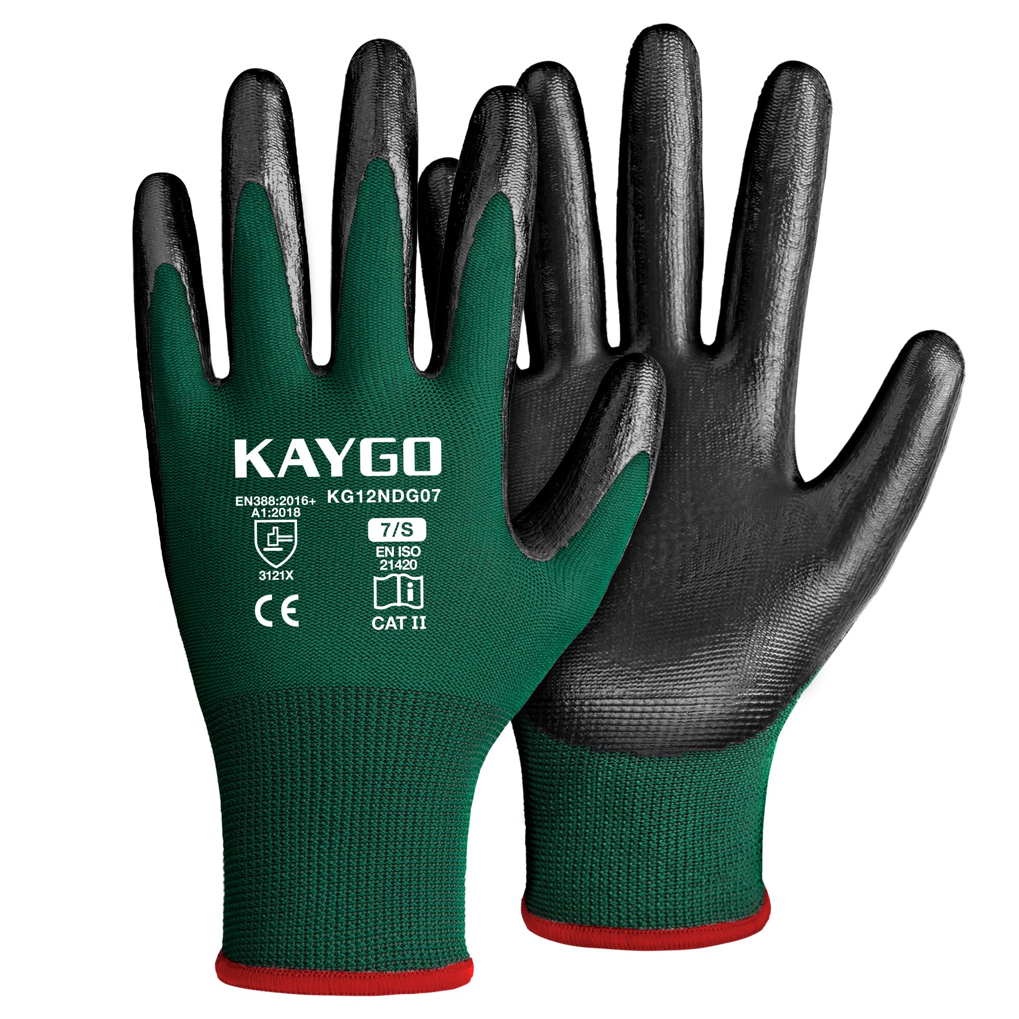 KAYGO Safety Work Gloves Nitrile Coated, Good Grip and Dexterity, 12 Pairs General Purpose Working Gloves for Men and Women, Ideal for Construction Warehouse Automotive DIY, KG12N (Dark Green, S) — image 1