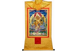 Gandhanra Tantric Tibetan Buddhist Thangka Wall Hanging,Yellow Jambhala Thangka,Hot Stamping Brocade Buddhist Tapestry for Ze