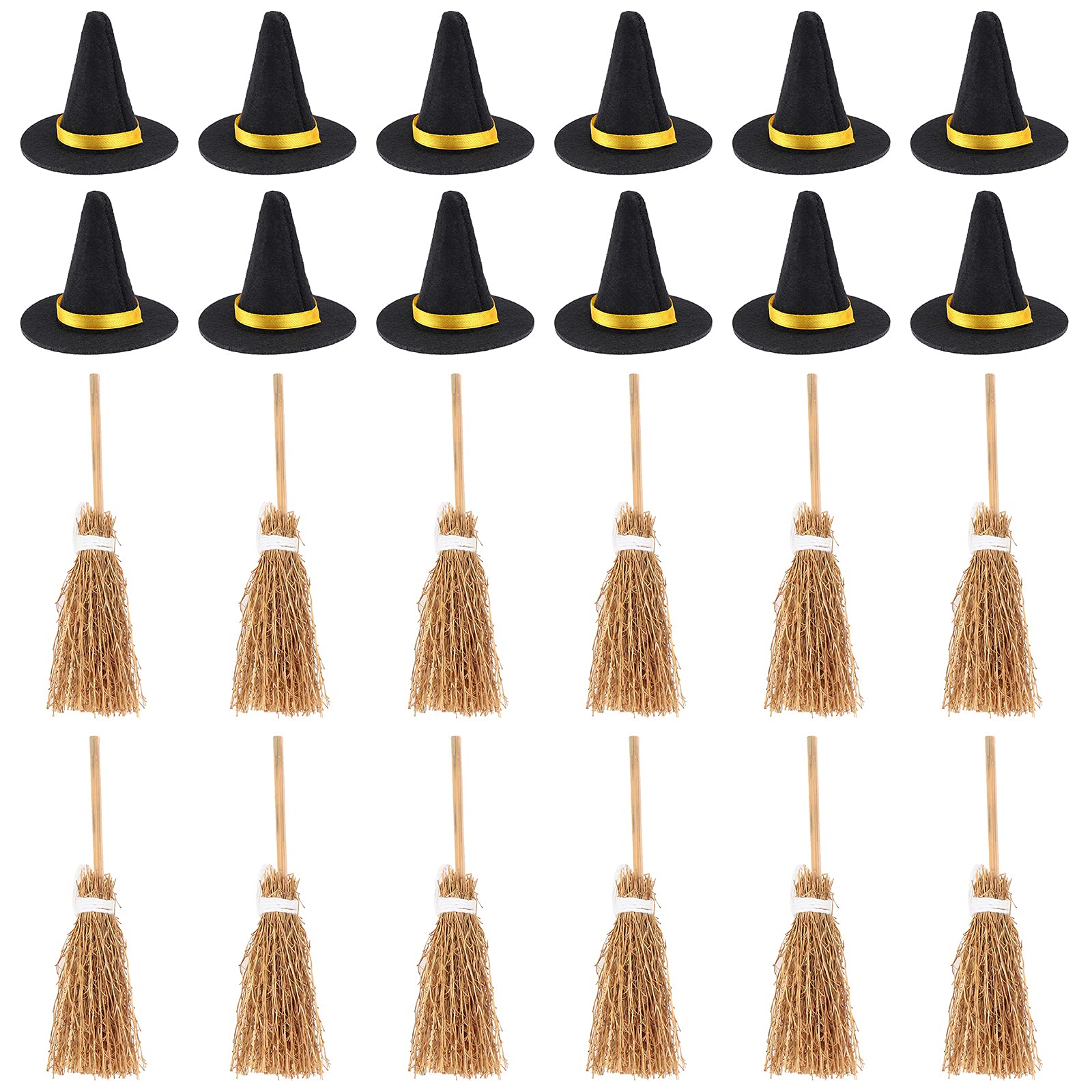 24 PCS Mini Witch Hats and Brooms Decoration Halloween Mini Felt Witch Hat Mini Broom Ornament with White Rope Witch Accessories for DIY Crafts Halloween Party Favors