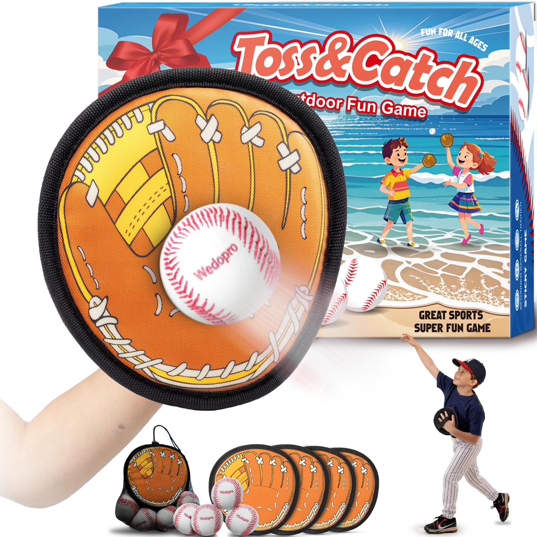 Wedopro Toss and Catch Ball Game, Kids Toddler Baseball Glove & Catch Ball Toys, Kids Outdoor Games for Family, Toys for Beach Pool Yard Outside, Birthday Gift for Ages 3 4 5 6 7 8-12 (Brown 4 Pcak)