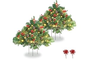 Tigeen 2 Pcs 22 Inch Timer Prelit Christmas Urn Filler, Outdoor Planter Pots Filler Prelit Xmas Pine Trees with Cones and Red Berries 50 Warm White LED with 8 Light Modes for Yard Porch Decor(Classic)