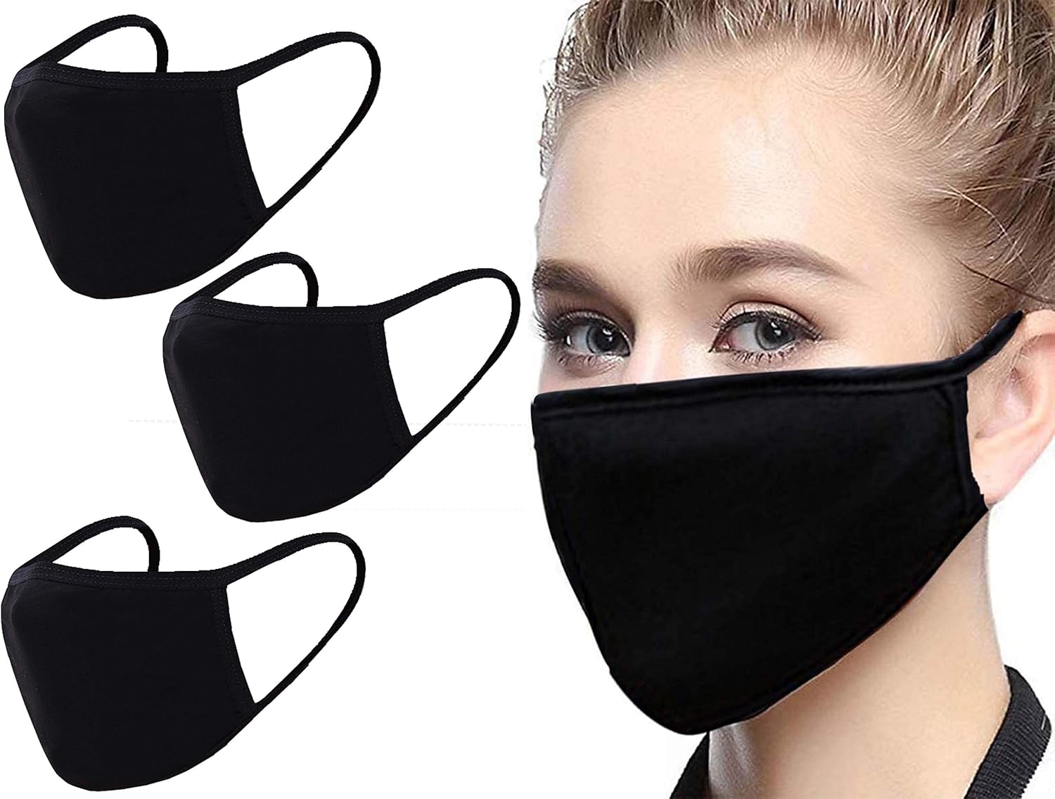 Black Face Mask Soft Cotton Comfortable Washable Reusable Breathable Stretchable (3 Pieces