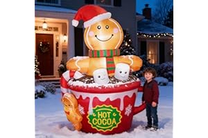 ZPISF 6 FT Christmas Inflatables Outdoor Decorations, Cute Christmas Blow Up Yard Decorations Gingerbread Man in Hot Cocoa Mug Scene for Garden Lawn Xmas Decor