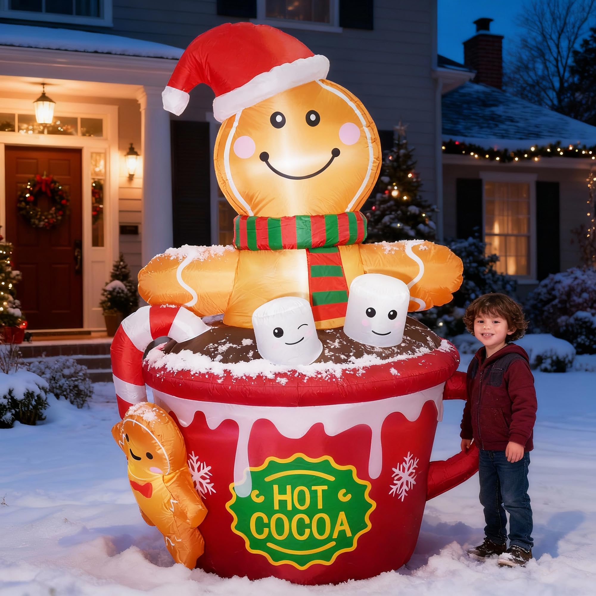 ZPISF 6 FT Christmas Inflatables Outdoor Decorations, Cute Christmas Blow Up Yard Decorations Gingerbread Man in Hot Cocoa Mug Scene for Garden Lawn Xmas Decor