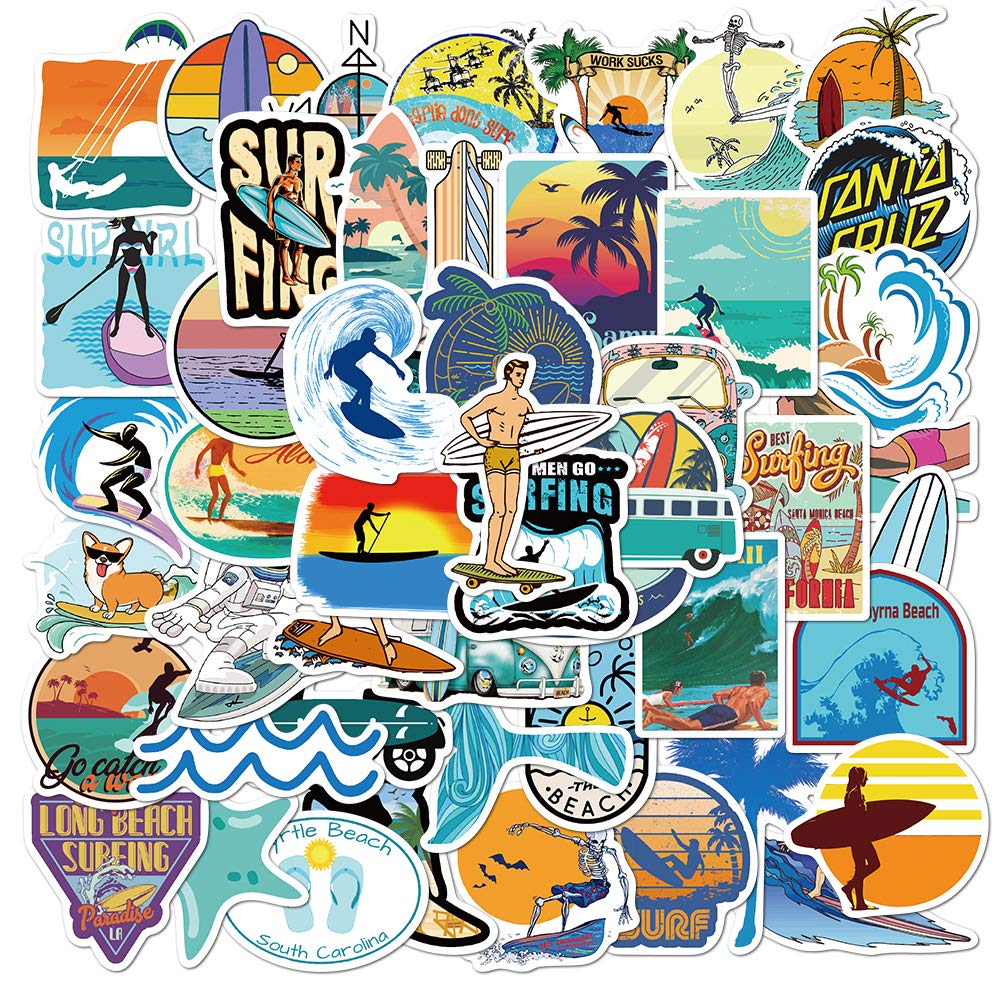 Go Surfing Beach Stickers - 50pcs Waterproof Stickers for Surfboard, Water Bottles, Laptop, Summer Water Sports, Refrigerator, Luggage, Computer, Phone, Skateboard, Bike Decals