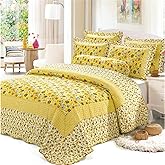 ABREEZE Cotton Polka Dot Comforter Set Sunflower Patchwork Bedspreads Quilt Sets Sunflower Coverlet Queen 3-Piece