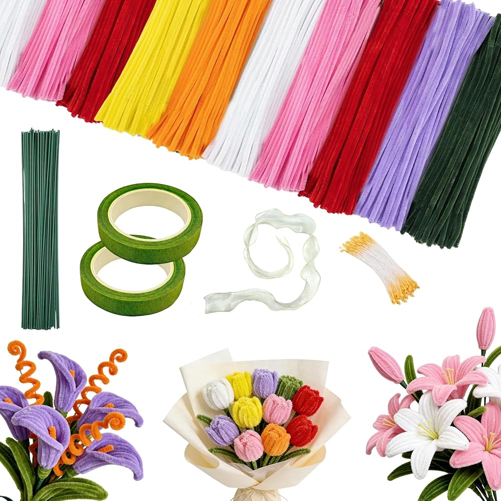 Pipe Cleaner Flower Kit, 700 Pcs 7 Colors Chenille Stems Pipe Cleaners for DIY Art, Floral Arranging Supplies, Floral Making
