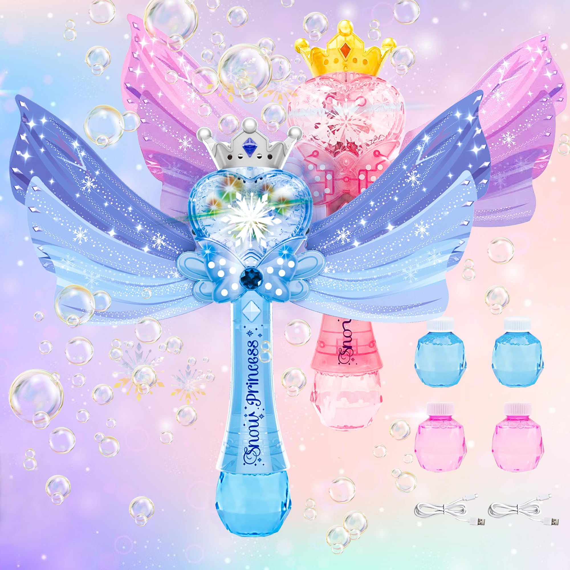 Photo 1 of 2 Pack Bubble Wands for Kids Girls - Rechargeable Princess Light Up & Music Bubble Machine with 4 Bubble Solutions, Outdoor Party Birthday Toys for Toddlers, Gift for 3 4 5 6 7 8 Year Old Girls
