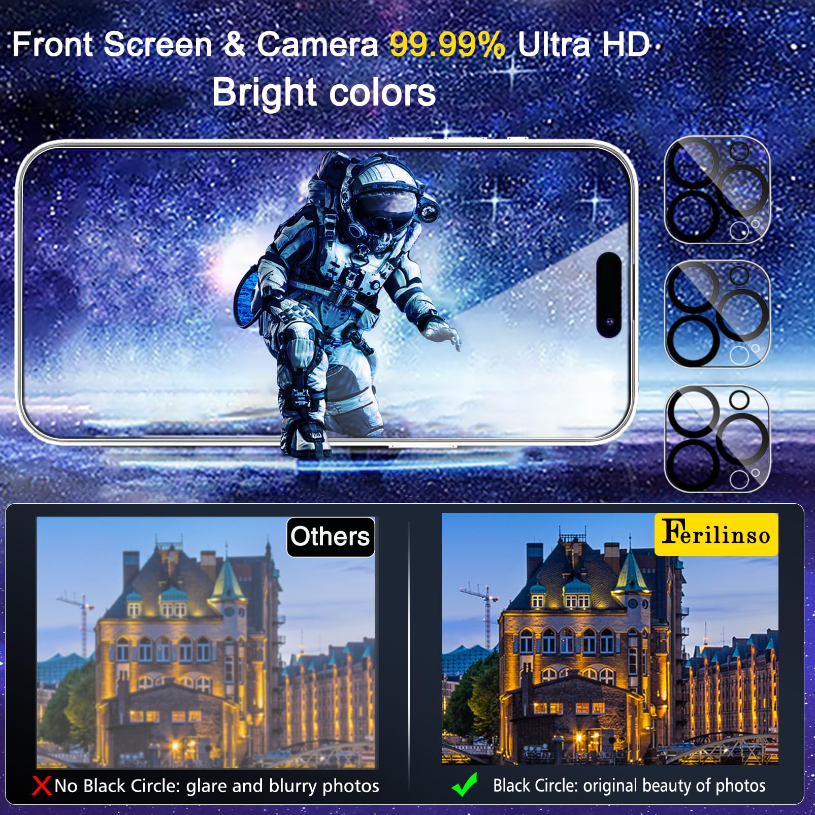 Ferilinso 3 Pack Screen Protector for iPhone 15 Pro Max, with 3 Pack Tempered Glass Camera Lens Protector, Phone Case Friendly Ultra Accessories Protector de Pantalla for Apple iPhone 15 Pro Max