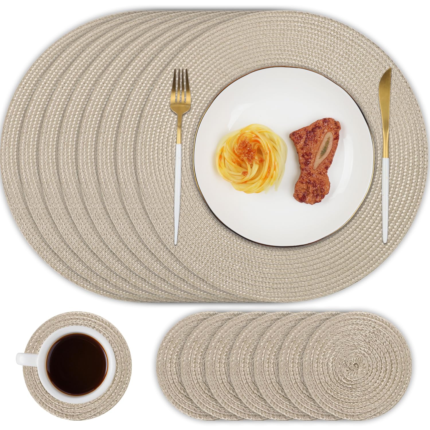 Famiaby Tablemats and Coasters Set of 8 Round Woven Placemats Washable Heat Resistant Place Mats Non Slip Dinner Mats for Kitchen Dining Table