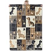 ICAAV Dachshund Patchwork Flannel Blanket 50x60in, Cozy Brown and Navy Blue Throw with Sausage Dog and Paw Prints, Soft Lightweight Blankets for Puppy Lovers, Kids, Rustic Home Decor Gifts