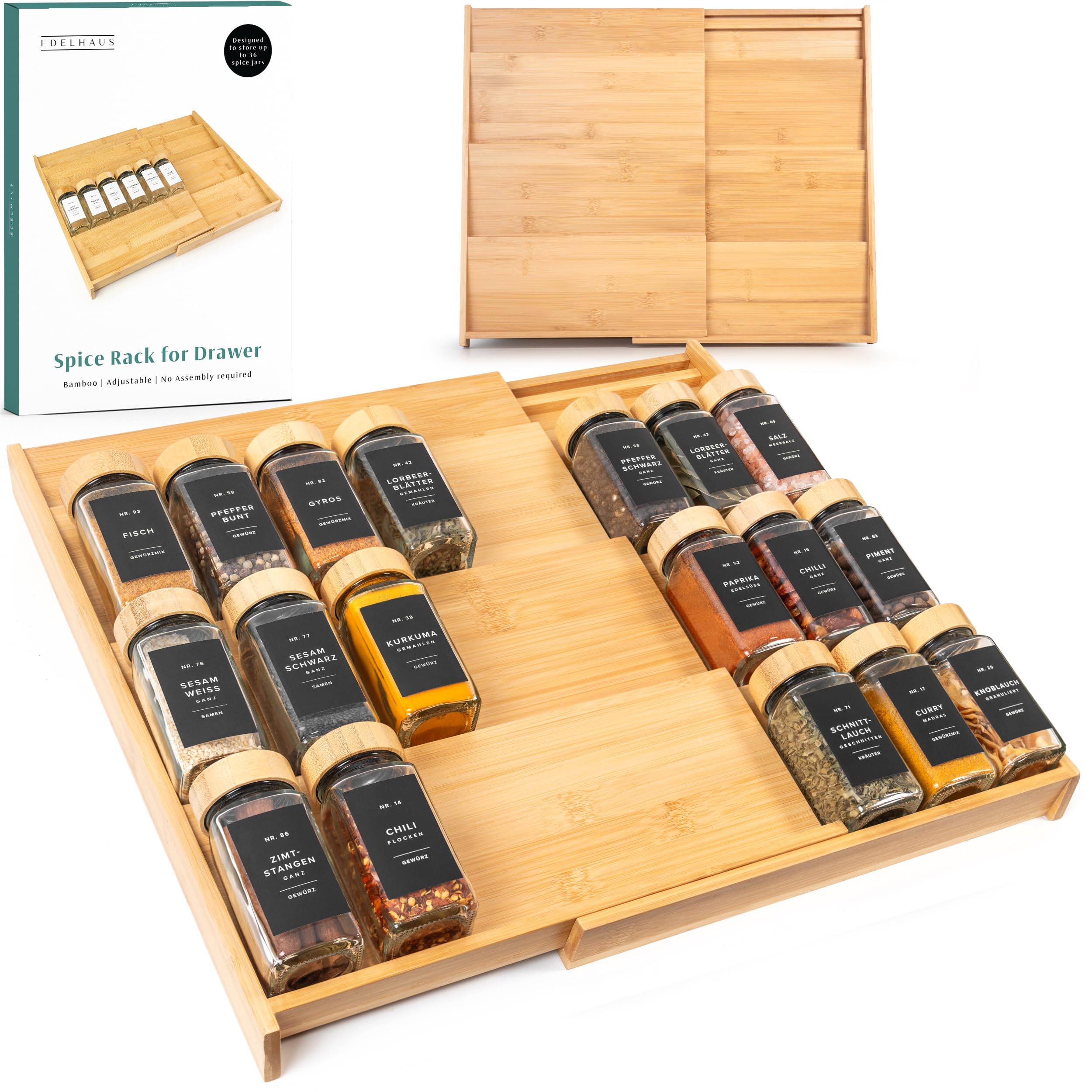 Photo 1 of EDELHAUS Bamboo Spice Drawer Organizer - Expandable 4 Tier Spice Rack (Need 3" Deep Drawer) 12" to 24" Wide, Seasoning Organizer, Organization Seasoning Rack insert (Jars Not Included)