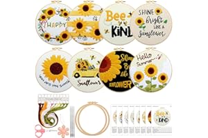 Riceshoot 8 Set Sunflower Embroidery Kit for Beginner Adults Cross Kit with Patterns Instructions, Embroidery Cloth, Embroidery Hoops, Threads, Needles, Needle Threaders, Thread Remover, Scissors