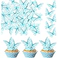 48 PCS Edible Butterfly Cupcake Toppers Wafer Paper Butterflies Cake Decorations Edible Butterfly Cupcake Picks for Butterfly Theme Baby Shower Wedding Birthday Party Food Decorations Supplies Blue