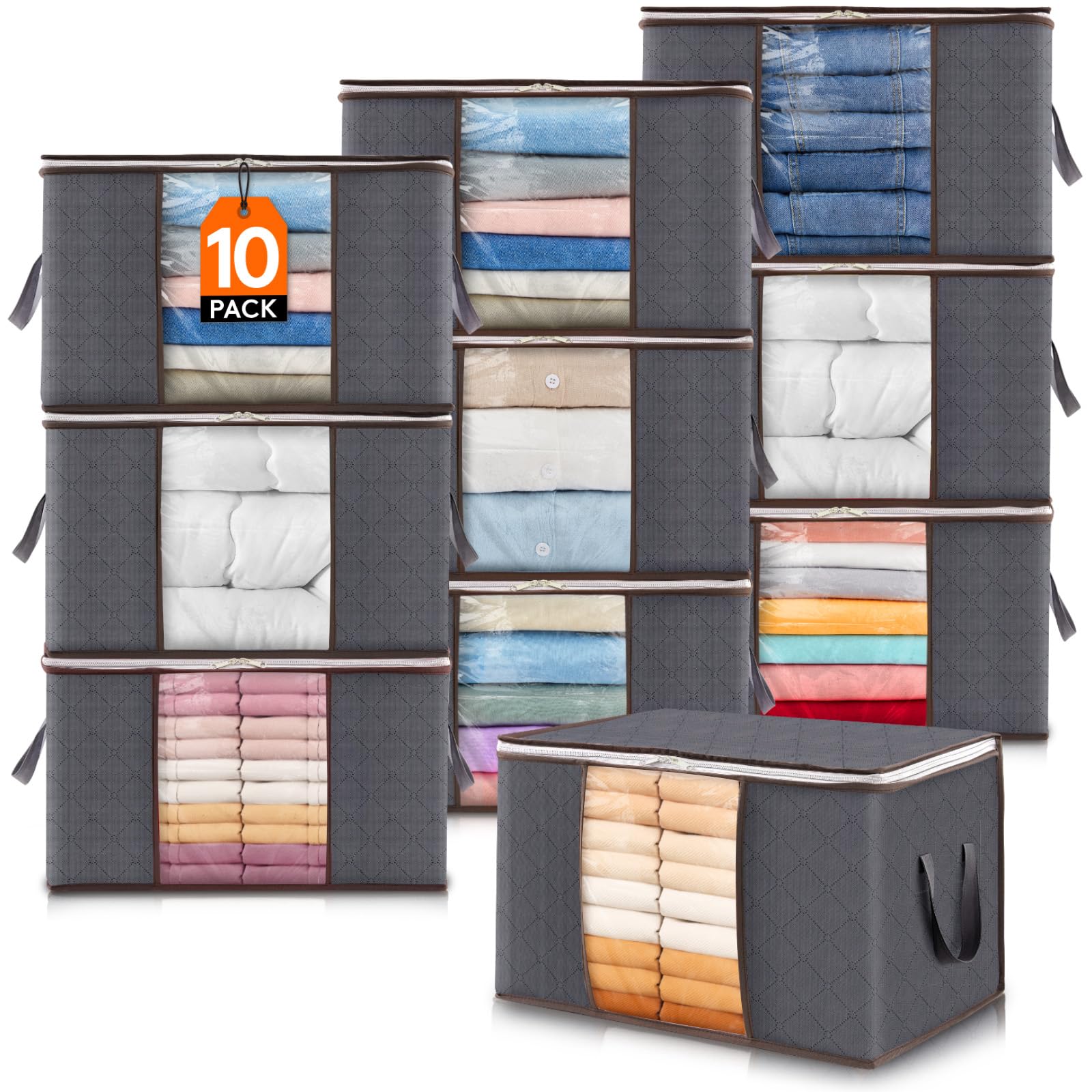 Lifewit 10 Pack Clothes Storage Bags, Foldable Storage Box Moving Bags Wardrobe Storage Organiser Packing Boxes for Moving House with Clear Window for Clothing Bedding Blankets, Grey