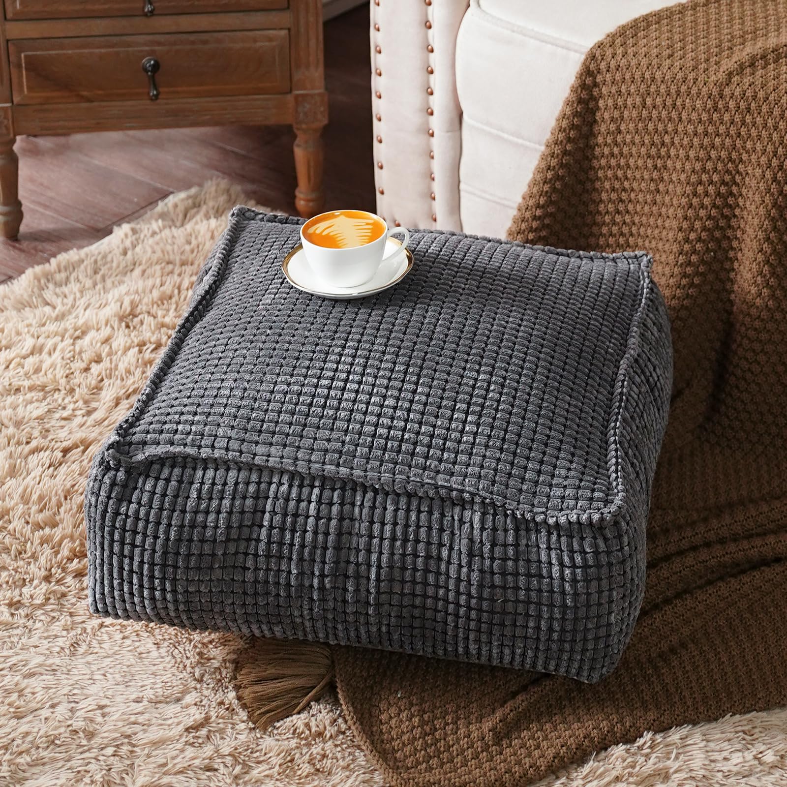 Photo 1 of SUTAVIA Pouf Ottoman Cover Unstuffed Pouf Seat Decorative Soft Storage Bean Bag 20x20x8 Inches Square Floor Footrest for Living Room Bedroom (Dark Gray, Square)