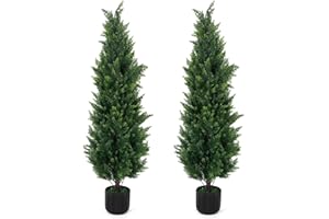 FOGEIN 4Ft Artificial Cedar Topiary Trees, 2 Pack Tall Faux Pine Cypress Plants for Front Porch Decor,Realistic Fake Plants for Home Front Door Offices,Christmas Decorations