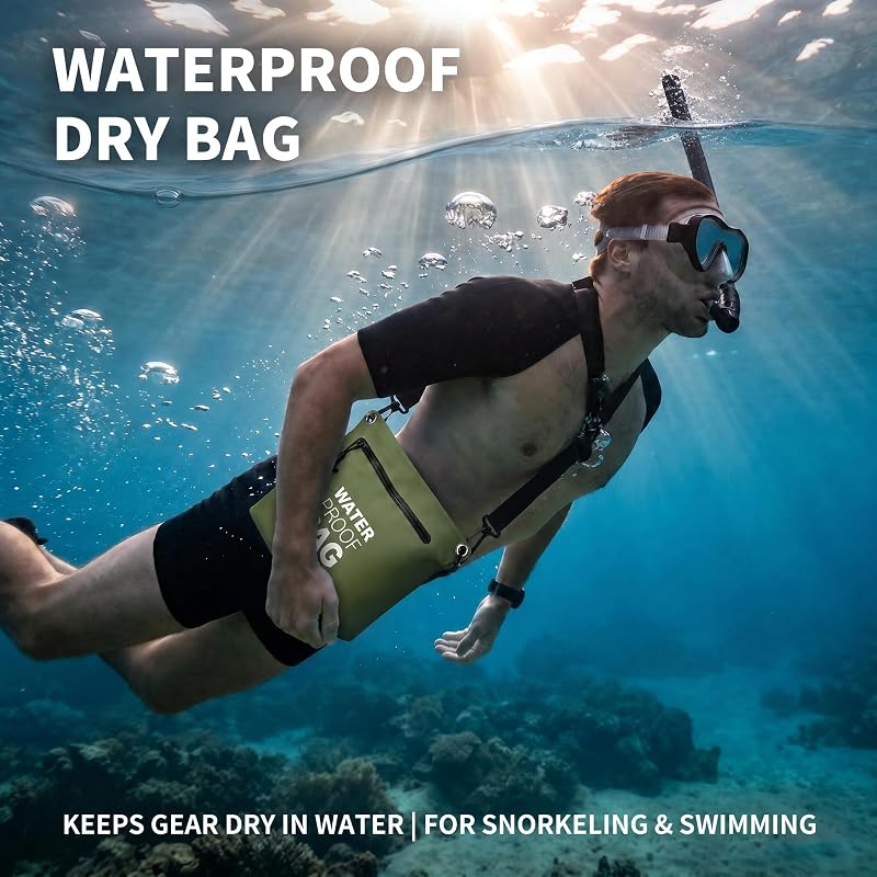 Bolsa Impermeable Bandolera con Cremallera Hermética, Bolsa Dry Bag Ligera con Correa Ajustable para Playa, Natación, Viajes y Uso Diario (Verde Militar)