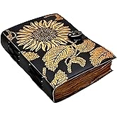 vintage sunflower leather journal Writing notebook embossed beautiful daily use book of shadows blank yellow with black unlined travel sketchbook with lock diary gift for women 7x5 inch