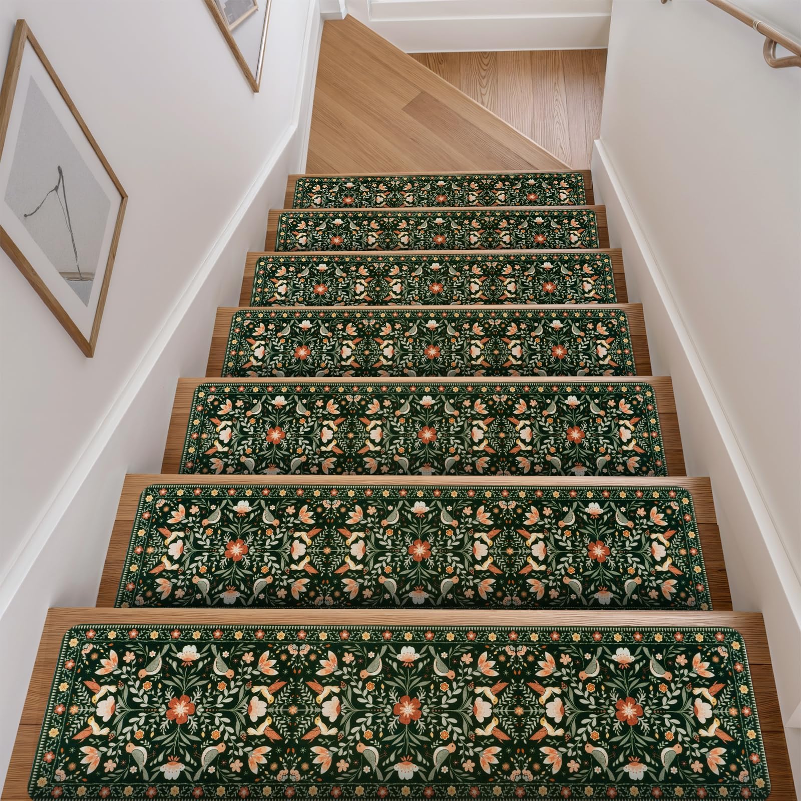 Photo 1 of OJIA Floral Stair Treads Non-Slip Stair Runner for Wooden Steps Indoor 15PCS 30"x8" Carpet Stair Treads Stair Mats Staircase Step Treads for Kids, Elders and Dogs, Stair Covers, Black