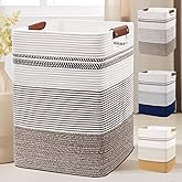 DOFASAYI Laundry Basket - 85L Large Cotton Rope Blanket Basket with Leather Handles, Decorative Storage Hamper, Clothes Hamper for Living Room, Bedroom, Rice Brown & White