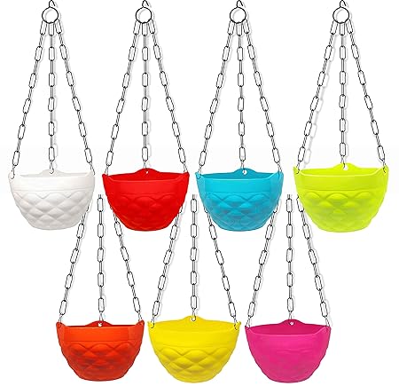 A2M Round Diamond Plastic Flower Hanging Planter with Hook Chain for Home Gardener/Beautiful Round Gamla Pot/Garden Balcony/Kitchen Garden Set of 7 (Multicolor)