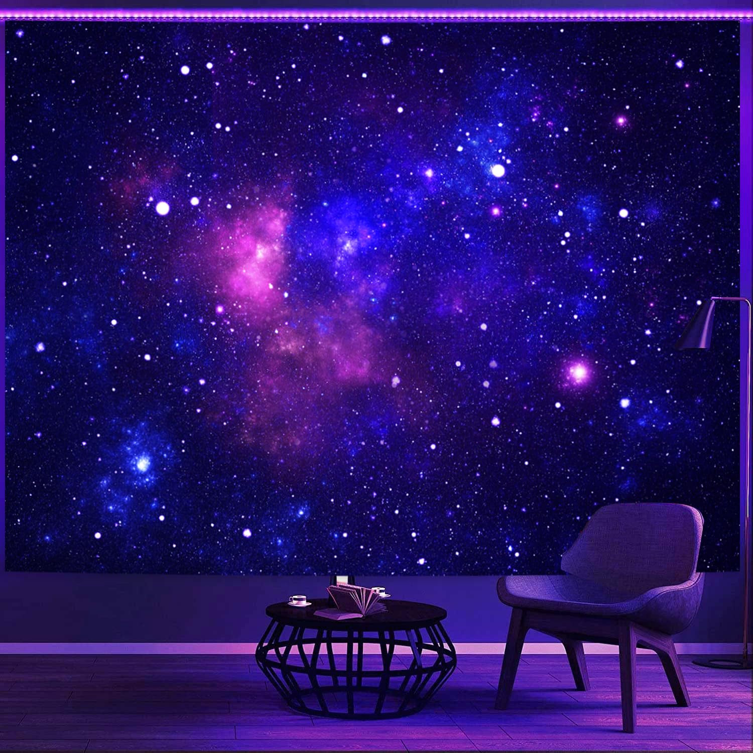Simpkeely Blacklight Galaxy Tapestry, Blue Space Starry Sky Stars Night Universe Wall Hanging, UV Reactive Glow in the Dark Purple Party Backdrop Aesthetic Tapestry for Bedroom - 180cm x 230cm