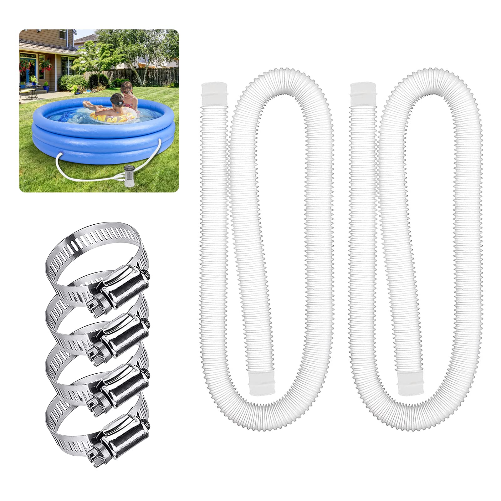 Brynnl 1.25" Diameter Swimming Pool Replacement Hose for Above Ground Pools, Pool Pump Hose with Metal Clamp for Intex Filter Pump or 1-1/4" (32mm) Hoses - 59" Long (2 Pack)