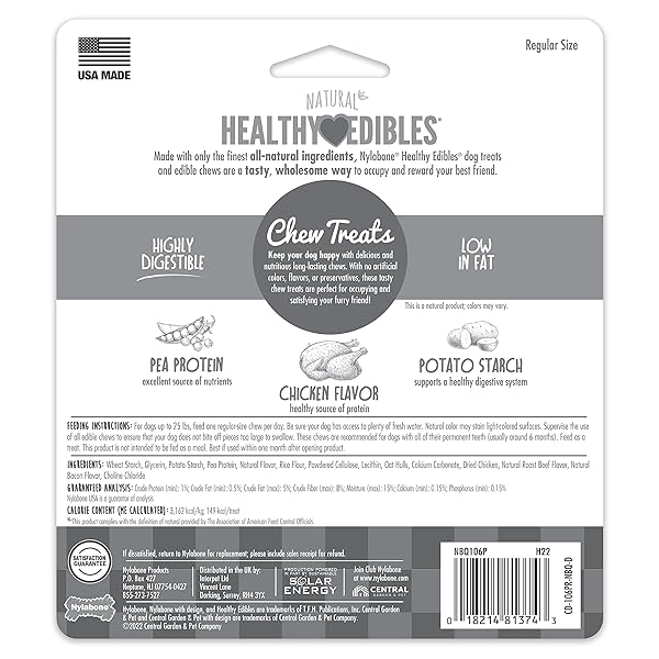 NYLABONE HEALTHY EDIBLES NATURAL DOG CHEWS LONG LASTING CHICKEN FLAVOR TREATS FOR DOGS, SMALL/REGULAR (3 COUNT)