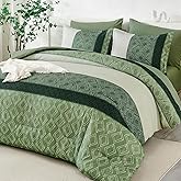 Dinjoy Queen Comforter Set Green, 7 Piece Boho Bed in a Bag Queen Size Striped Fall Bedding Sets Comforters with Plaid Bed Set with Sheets for Women Family