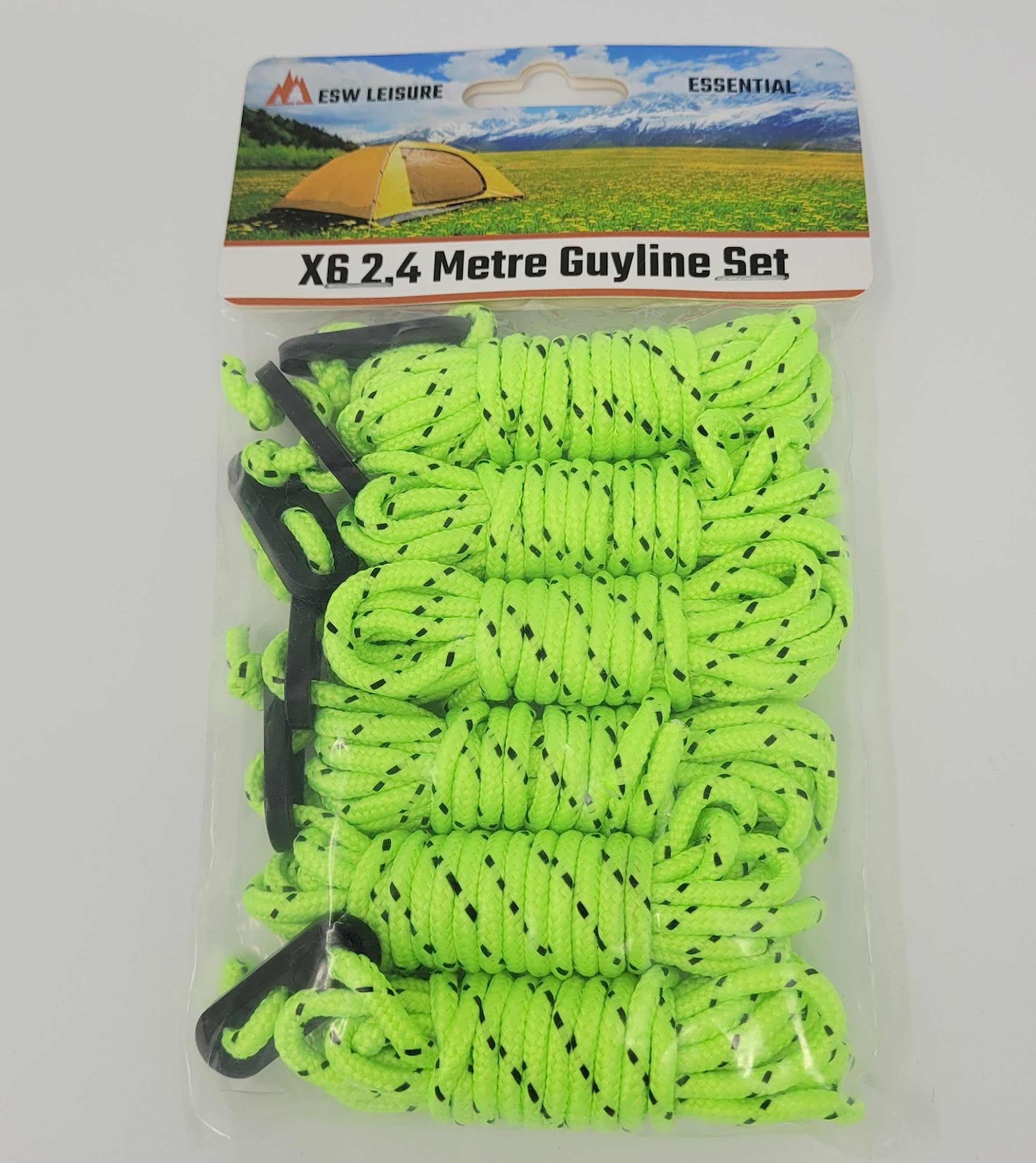 ESW LEISURE Guyline Ropes 6 Pack For Tents Awning Camping Strong Lightweight Paracord Guy Rope With Tensioner Guy Lines Fishing Umbrella Caravan Gazebo (Flourescent Green & Black, 2.4 Metre 6 Pack)