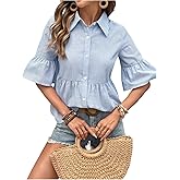 SweatyRocks Women's Summer Ruffle Button Down Peplum Shirts Striped Half Sleeve Flowy Collar Blouse Tops