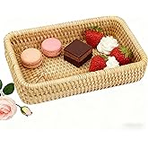 Tissting Rattan Serving Tray 7.9x4.3x1.6 Inch Hand-Woven Storage Platter - Rectangular Organizer Basket for Home Decor, Coffee Table, Snack and Tea Storage, Multi-Purpose Use Indoors and Outdoors