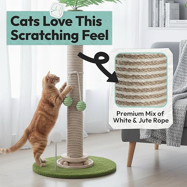 POMESEA CAT SCRATCHING POST 34 INCH WITH ROTATING TURNTABLE AND REMOVABLE HANGING BALL, CAT SCRATCHER FOR INDOOR CATS, ULTRA STABLE BASE, PAW-FRIENDLY JUTE MATERIAL, GREEN BASE