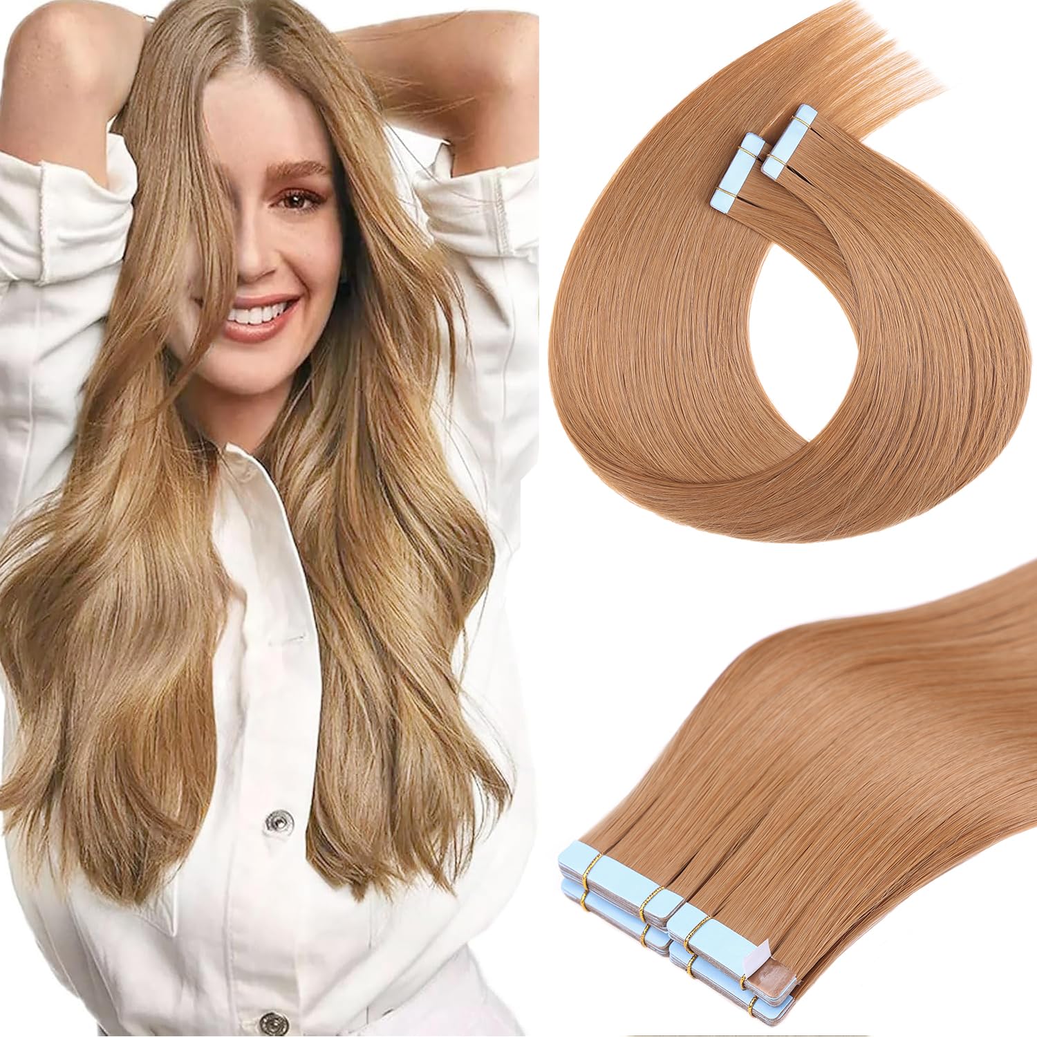 Mscat Tape in Hair Extensions 22 Inch 20Pcs 50g/pack Light Brown Invisible Straight Hair Extensions Tape in(22Inch Light #27 Brown) — image 1