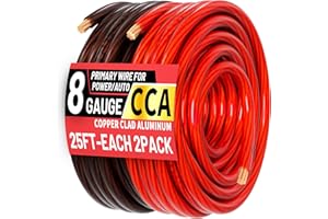 Energeaster 8 Gauge 25ft Each-Black/Red CCA Wire, Low Voltage Primary Automotive or Ground Cable, Battery Cable, 8AWG, Car Audio, RV, Car Amplifier Power, Amp Wiring Kit, Translucent Jacket