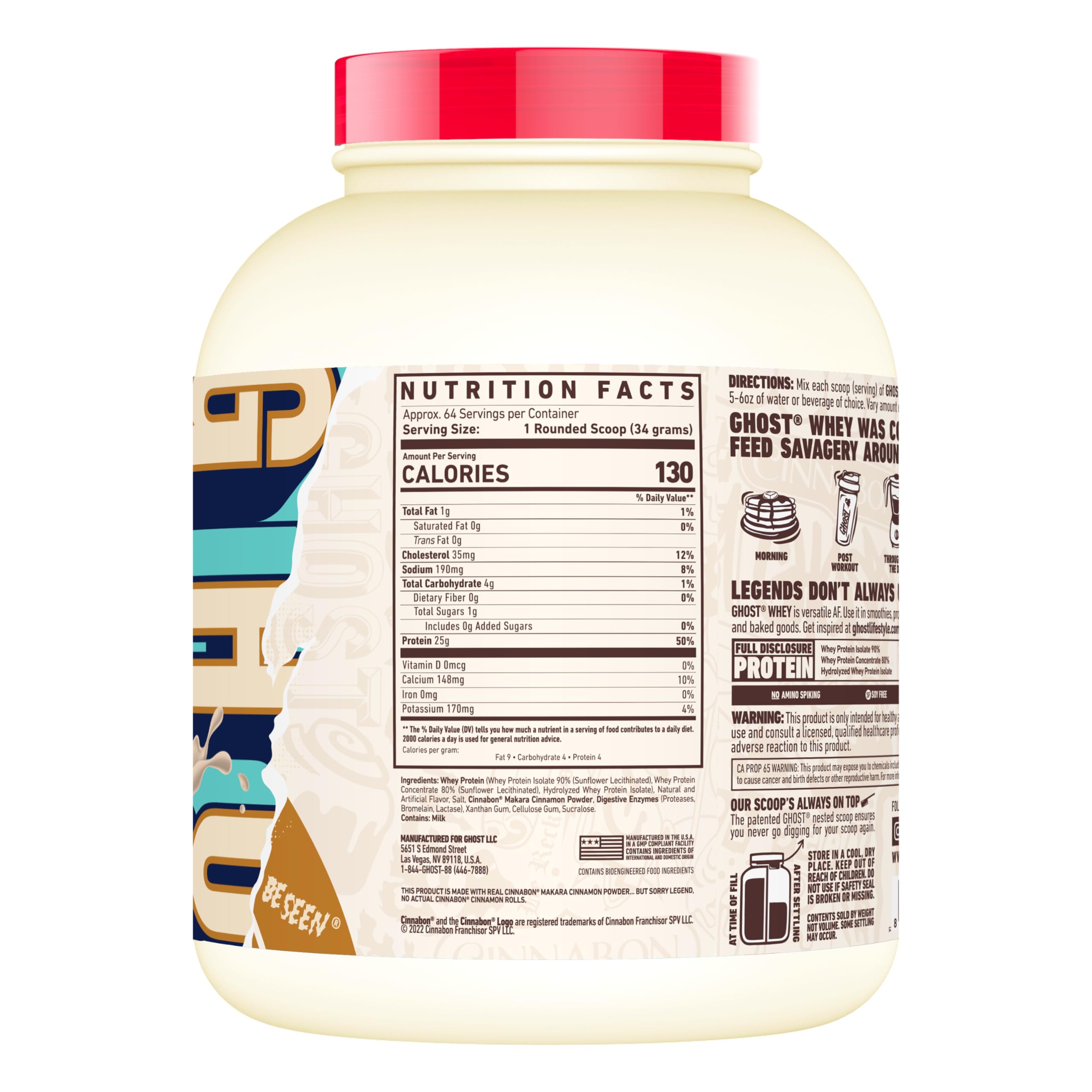 GHOST Whey Protein Powder, Cinnabon - 5LB, 25G of Protein - Cinnamon Roll Flavored Isolate, Concentrate & Hydrolyzed Whey Protein Blend - Post Workout Shakes - Soy & Gluten Free