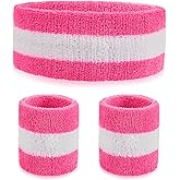 3 Pcs Sweat Band Set, 1 Pcs Headband and 2Pcs Wristbands, Pink Strips Sweatbands for Women Sports Fitness 80s Costumes Accessories(Pink)