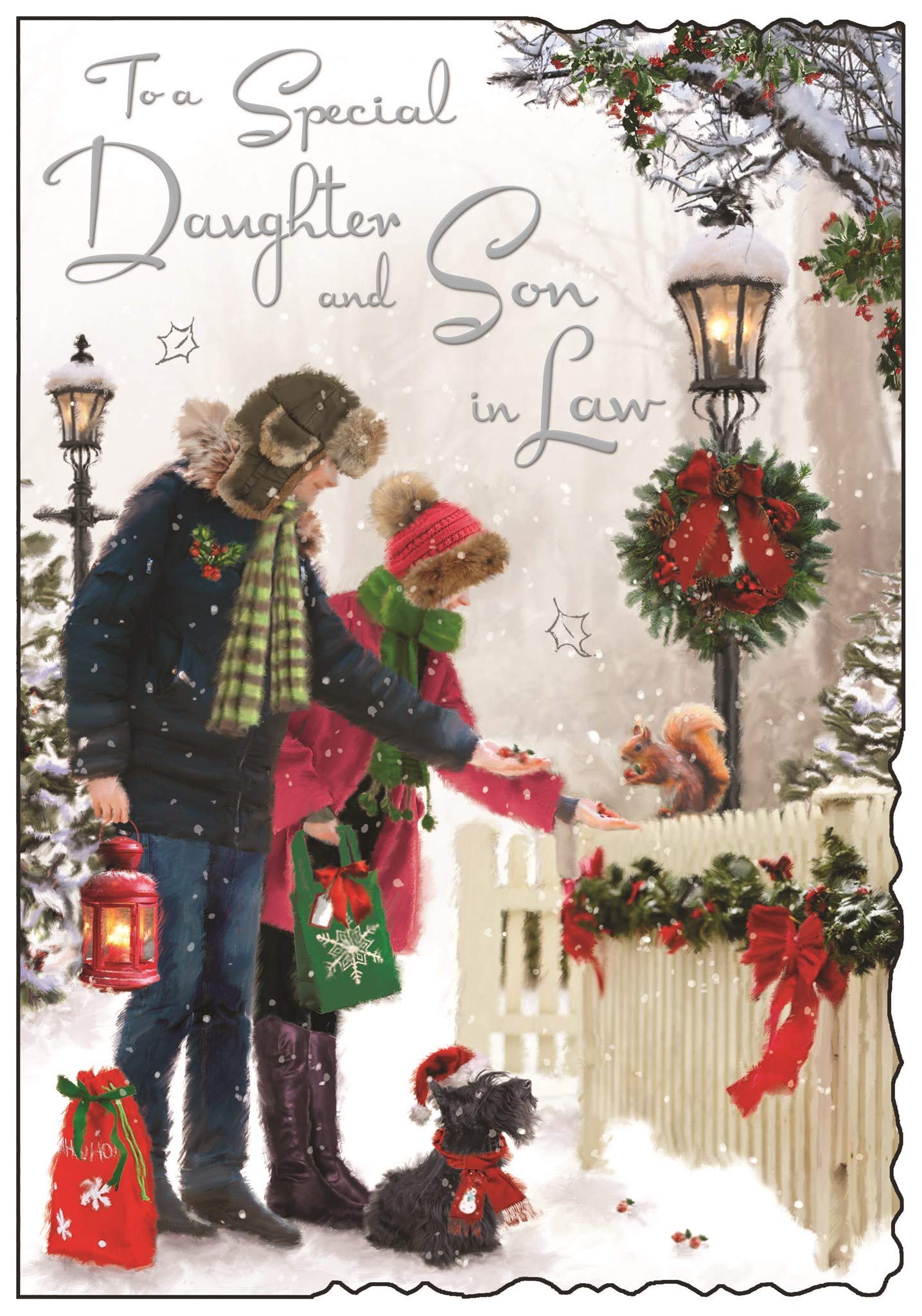 Jonny Javelin Christmas Card (JJ-XVC047) - Daughter & Son-in-Law - Feeding a Squirrel - Velvet Cheer Range