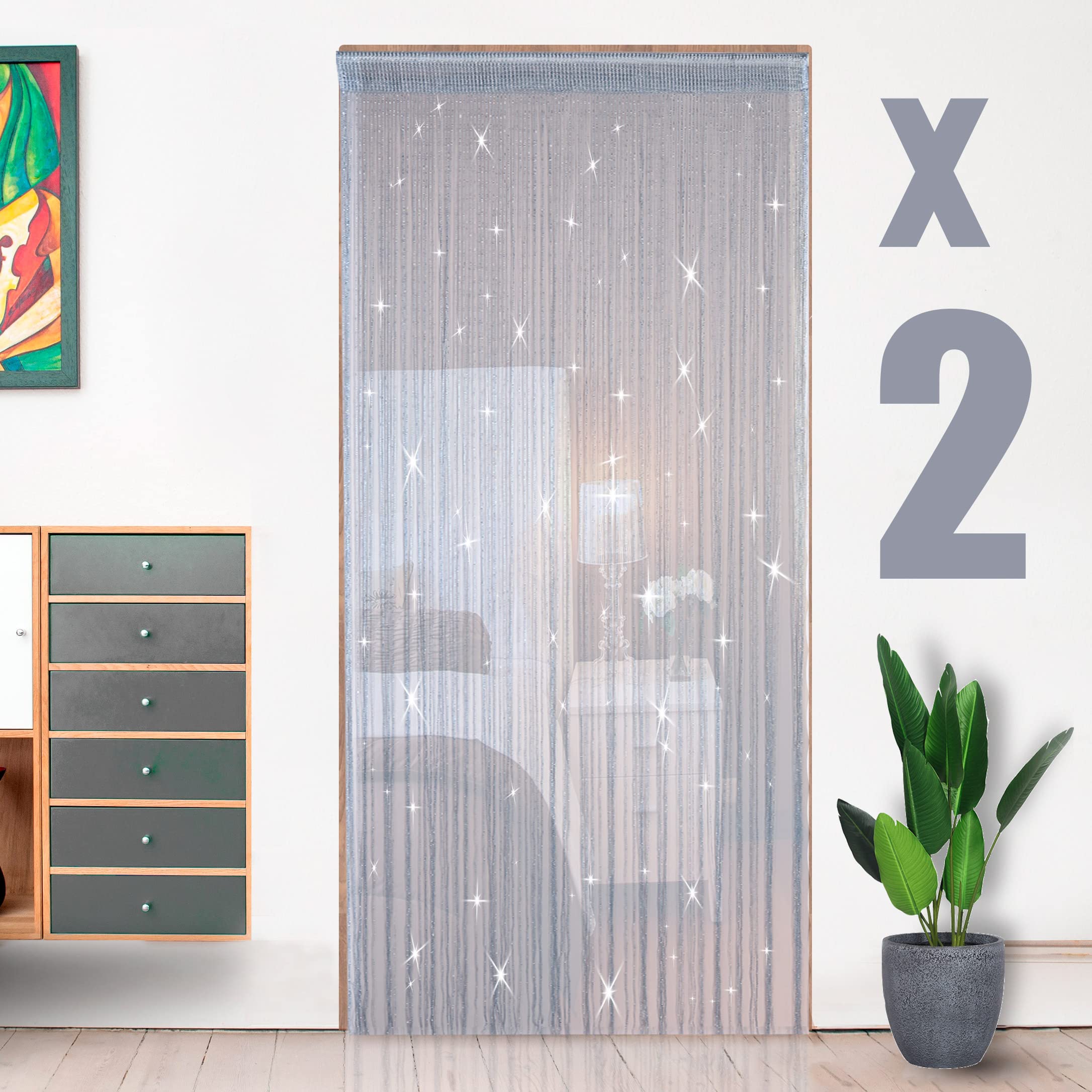 HYSENM 2 Pack Door Curtain 100 x 200cm Fly Screens for Doors, Beaded Door String Curtain for Doors, Door Fly Screen Curtain for Doorways - Silver