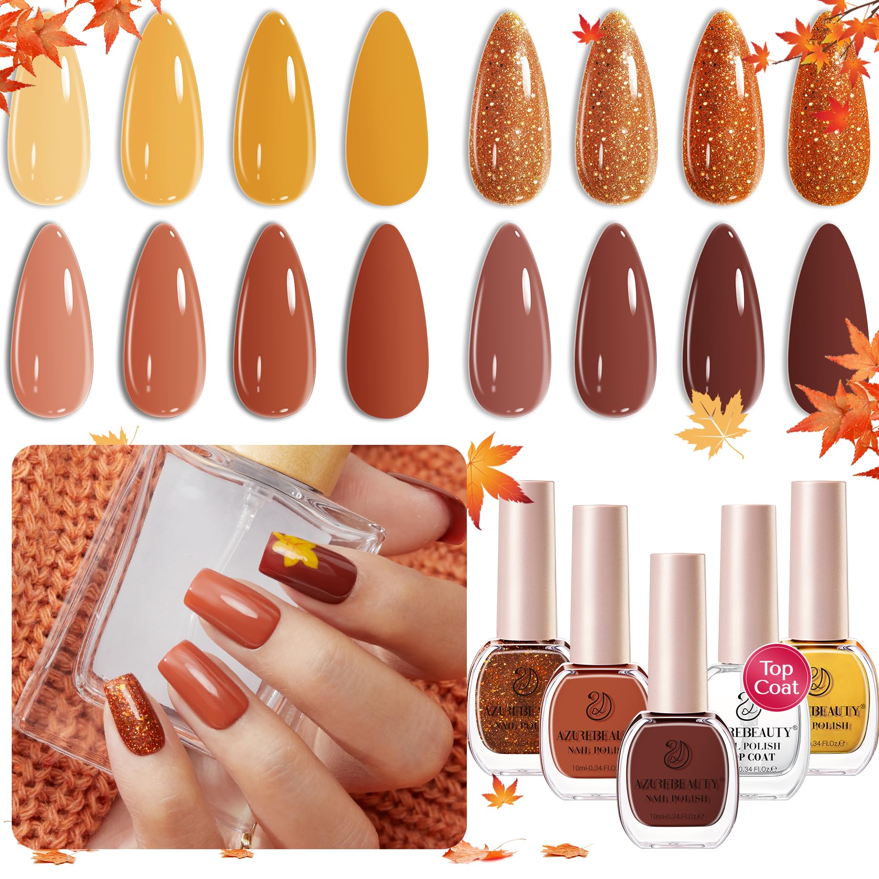AZUREBEAUTY Fall Nail Polish Set, 4 Colors Yellow Orange Brown Glitter Vegan Quick Dry Natural Nail Lacquer Strengthening Treatment Kit with Top Coat DIY Salon at Home