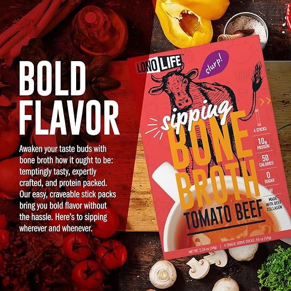 LONOLIFE TOMATO BEEF BONE BROTH POWDER MIX | GRASS-FED, 10G PROTEIN | COLLAGEN-RICH, KETO & PALEO FRIENDLY | NATURAL INGREDIENTS | 4 PORTABLE STICK PACK SERVINGS