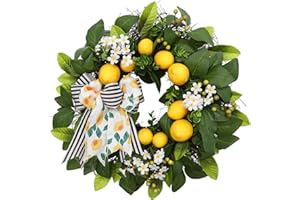 VOFULY Lemon Wreath,20inch Spring Summer Wreath for Front Door with Strip ribbow Bow, Farmhouse Wreath for Front Porch Outdoor Decor,Beautiful Fruit Wreath, Kitchen and Wall Home Decor