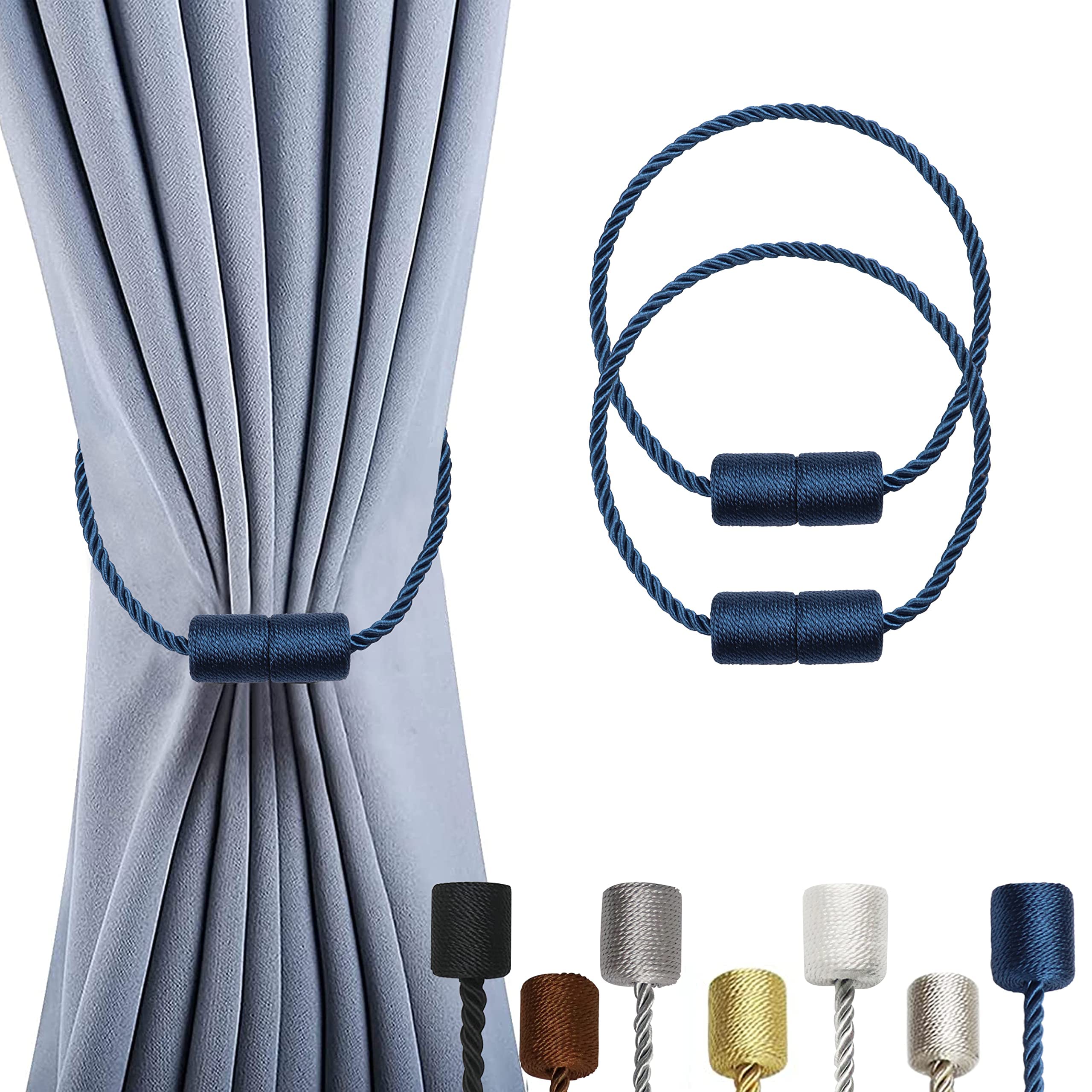 OCIOLI 2 Pack Magnetic Curtain Tiebacks Curtain Holdbacks Curtain Ties Outdoor Curtain Tiebacks Modern Rope Tiebacks Drapery Holdbacks Tie Backs for Curtains (Blue, 2)