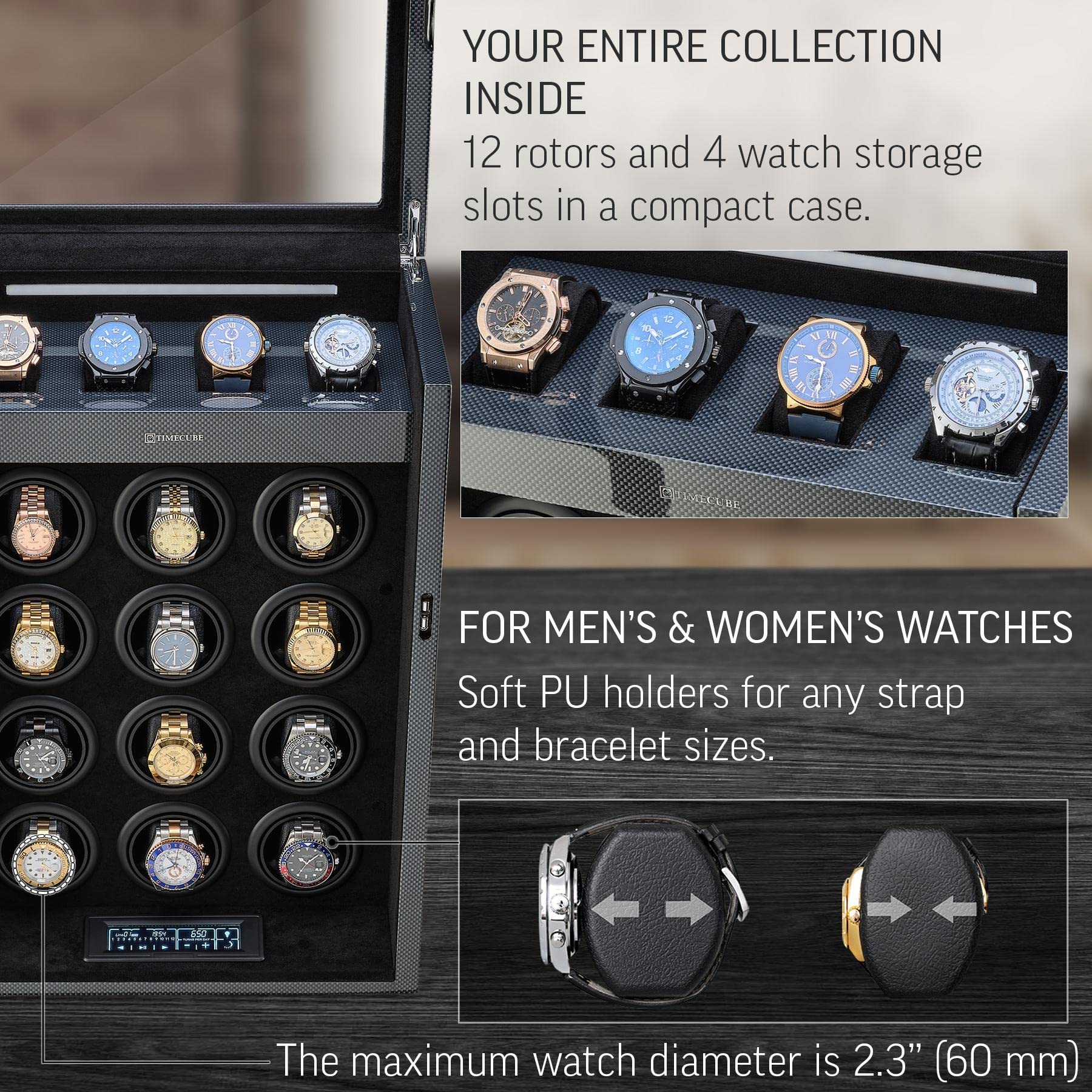 TIMECUBE Watch Winder for 12 Watches with Interior Light and 4 Watch Storage Slots (Carbon)
