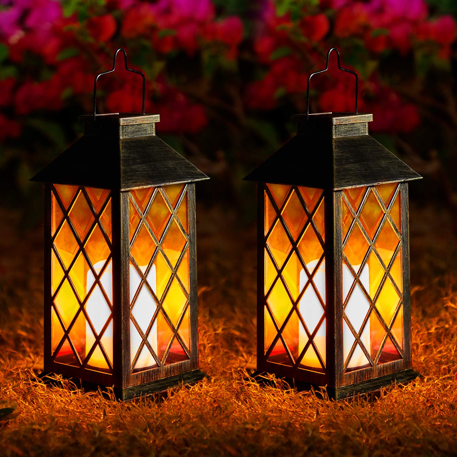 Solar Lanterns for Outside – Garden Lanterns 2Pack Flickering Moroccan-Style Outdoor Lights Auto On/Off Waterproof IP44 Warm White LED Ideal for Patio, Pathway & Christmas Decor
