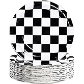 50 Packs Racing Car Paper Plates 9" Black and White Disposable Plates Checkered Flag Party Plates Round Dessert Dinner Paper Plate for Race Car Party Supplies Kids Birthday Tableware