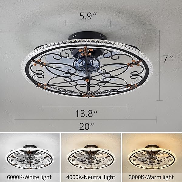 HUIXUTE CAGED CEILING FAN WITH LIGHTS REMOTE CONTROL, 6 SPEEDS 3 COLOR FARMHOUSE INDUSTRIAL CEILING FAN WITH LIGHT FOR KITCHEN BEDROOM LIVING ROOM
