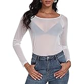 Womens Mesh Tops Long Sleeve Sheer Shirts Fitted Crewneck See Through Sexy Top Clubwear Party Club Night Blouses